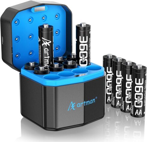 Artman Rechargeable Lithium AA Batteries 12 Pack with Storage 12-Slot Charger, 3600mWh AA Lithium Batteries for Blink Outdoor Camera, 1.5V Constant Double A Battery Recharge up to 2000+ Cycles (Blue) in Kuwait
