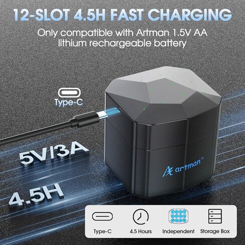 Artman Rechargeable Lithium AA Batteries 12 Pack with Storage 12-Slot Charger, 3600mWh AA Lithium Batteries for Blink Outdoor Camera, 1.5V Constant Double A Battery Recharge up to 2000+ Cycles (Blue) in Kuwait