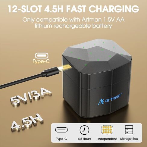Artman Lithargable Lithium AA بطاريات 12 حزمة مع شاحن تخزين 12 فحوصات ، 3600MWH بطاريات الليثيوم AA للكاميرا الخارجة في الهواء الطلق ، ثابت 1.5 فول in Kuwait