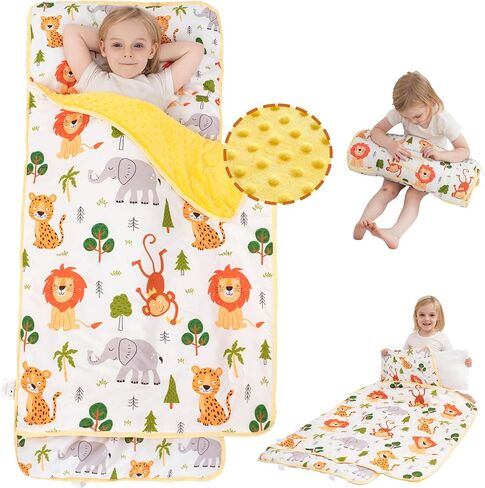 Viviland Toddler Nap Mat with Pillow and Minky Dot Blanket, Rolled Sleeping Mat/Slumber Bag for Girls Boys, Kids Nap Mat for Preschool, Daycare, Kindergarten, Travel Camping - Zoo Animal in Kuwait