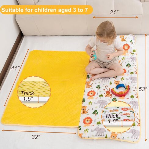 Viviland Toddler Nap Mat with Pillow and Minky Dot Blanket, Rolled Sleeping Mat/Slumber Bag for Girls Boys, Kids Nap Mat for Preschool, Daycare, Kindergarten, Travel Camping - Zoo Animal in Kuwait