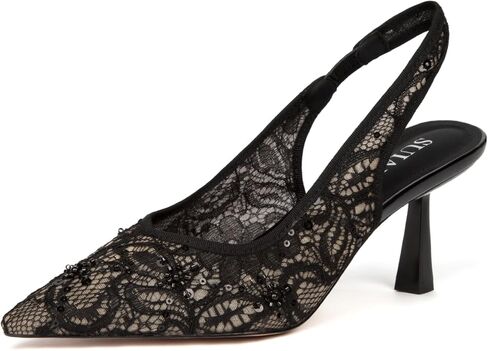 Slingback Wedding Heels for Women Bridal Lace Mesh Kitten Heel Closed Pointed Toe Pearl Pumps Shoes in Kuwait