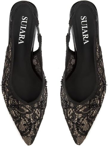 Slingback Wedding Heels for Women Bridal Lace Mesh Kitten Heel Closed Pointed Toe Pearl Pumps Shoes in Kuwait