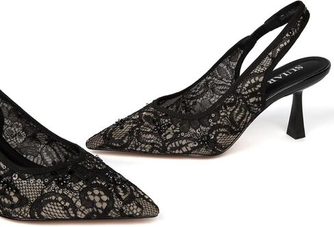 Slingback Wedding Heels for Women Bridal Lace Mesh Kitten Heel Closed Pointed Toe Pearl Pumps Shoes in Kuwait
