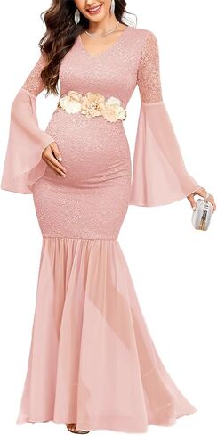 Maternity Dress Baby Shower Long Bell Sleeve Floral Lace Contrast Chiffon V-Neck Mermaid Pregnancy Photoshoot Gown in Kuwait