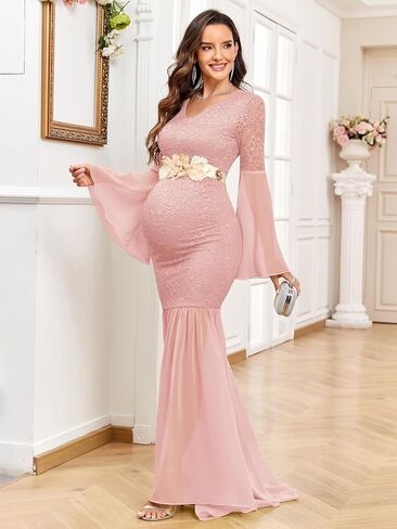 Maternity Dress Baby Shower Long Bell Sleeve Floral Lace Contrast Chiffon V-Neck Mermaid Pregnancy Photoshoot Gown in Kuwait