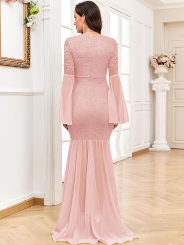 Maternity Dress Baby Shower Long Bell Sleeve Floral Lace Contrast Chiffon V-Neck Mermaid Pregnancy Photoshoot Gown in Kuwait