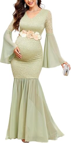 Maternity Dress Baby Shower Long Bell Sleeve Floral Lace Contrast Chiffon V-Neck Mermaid Pregnancy Photoshoot Gown in Kuwait