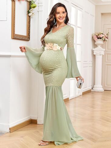 Maternity Dress Baby Shower Long Bell Sleeve Floral Lace Contrast Chiffon V-Neck Mermaid Pregnancy Photoshoot Gown in Kuwait