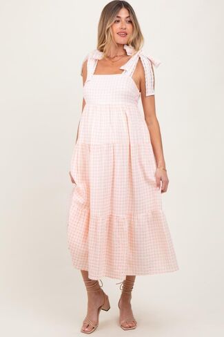 Pinkblush Light Gingham Lace Trim Tie Tie Tie Donity Maxi Dress in Kuwait