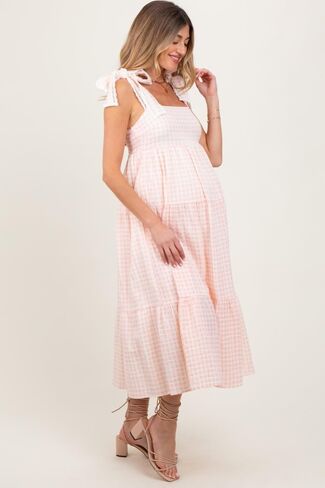 Pinkblush Light Gingham Lace Trim Tie Tie Tie Donity Maxi Dress in Kuwait