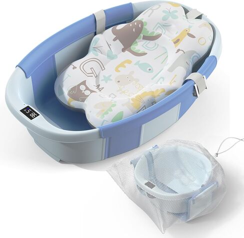 Collapsible Baby Bathtub - Large Baby Bath Tub with Thermometer & Cushion | Travel Portable Newborn Infant Bathtub | Foldable Toddler Bathtub for Baby 0 to 36 Months (Grey) in Saudi Arabia
