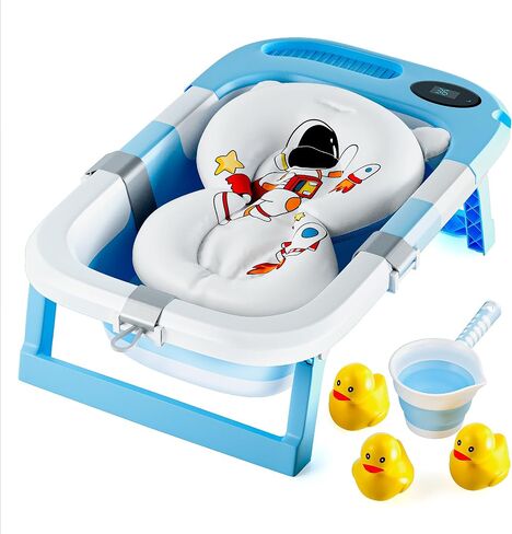 Collapsible Bathtub Baby for Infants & Newborns w/Thermometer, Drain Plug with Heat Sensor & Scoop – Compact Travel Baby Bath Space-Saving Bath for Travel, Shower & Small Bathrooms in Saudi Arabia