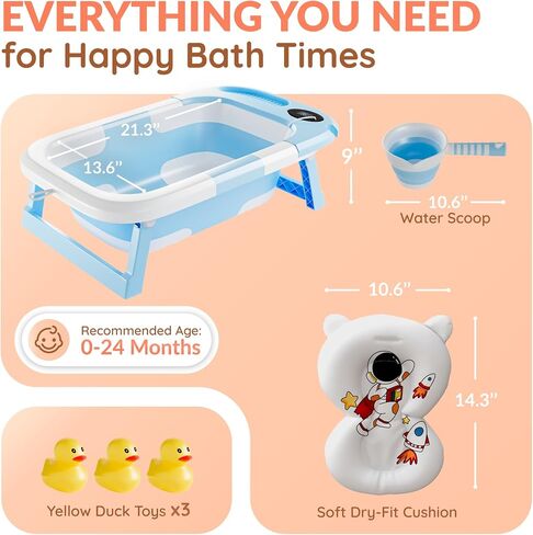Collapsible Bathtub Baby for Infants & Newborns w/Thermometer, Drain Plug with Heat Sensor & Scoop – Compact Travel Baby Bath Space-Saving Bath for Travel, Shower & Small Bathrooms in Saudi Arabia