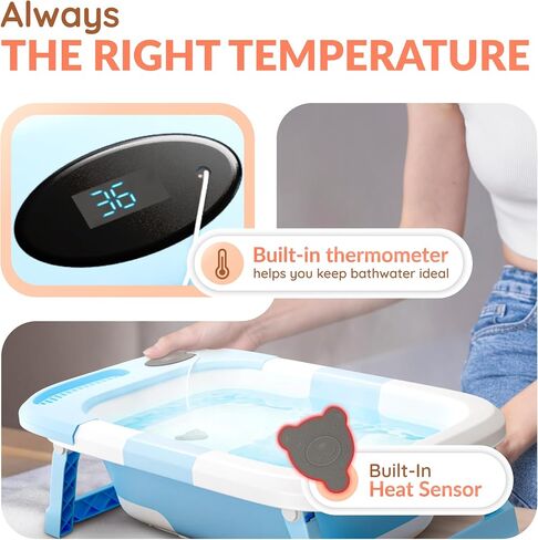 Collapsible Bathtub Baby for Infants & Newborns w/Thermometer, Drain Plug with Heat Sensor & Scoop – Compact Travel Baby Bath Space-Saving Bath for Travel, Shower & Small Bathrooms in Saudi Arabia