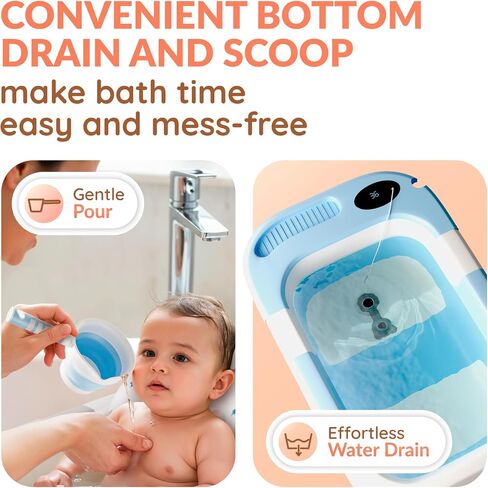 Collapsible Bathtub Baby for Infants & Newborns w/Thermometer, Drain Plug with Heat Sensor & Scoop – Compact Travel Baby Bath Space-Saving Bath for Travel, Shower & Small Bathrooms in Saudi Arabia