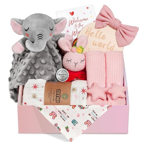 Newborn Baby Girl Gift, 9 Pcs Baby Gifts for Girls Newborn Essentials, New Baby Girl Gift Basket Baby Shower Gender Reveal Gifts, New Mom Gift Swaddle Blanket Bunny Rattle Gift Set in Kuwait