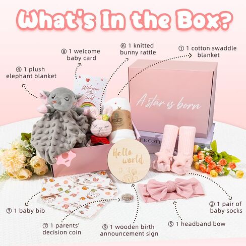 Newborn Baby Girl Gift, 9 Pcs Baby Gifts for Girls Newborn Essentials, New Baby Girl Gift Basket Baby Shower Gender Reveal Gifts, New Mom Gift Swaddle Blanket Bunny Rattle Gift Set in Kuwait