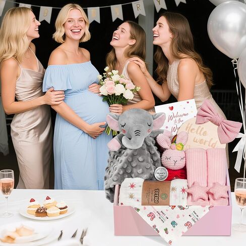 Newborn Baby Girl Gift, 9 Pcs Baby Gifts for Girls Newborn Essentials, New Baby Girl Gift Basket Baby Shower Gender Reveal Gifts, New Mom Gift Swaddle Blanket Bunny Rattle Gift Set in Kuwait