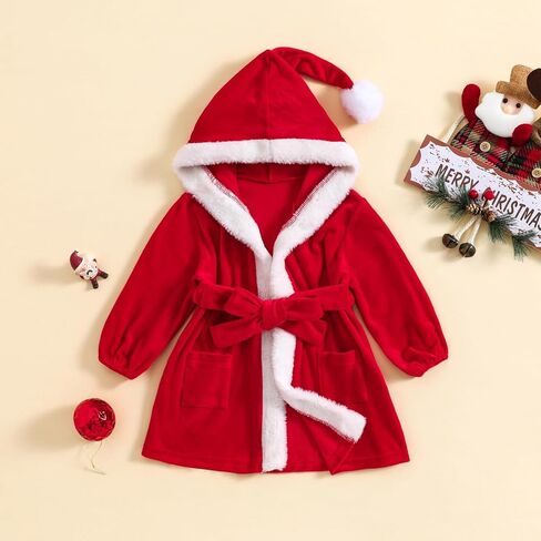 Kuriozud Baby Girls Robe Toddler Christmas Long Sleeve Furry Contrast Color Hooded Velvet Bathrobe in Saudi Arabia