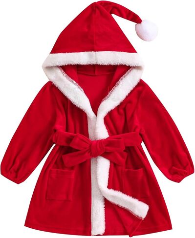 Kuriozud Baby Girls Robe Toddler Christmas Long Sleeve Furry Contrast Color Hooded Velvet Bathrobe in Saudi Arabia