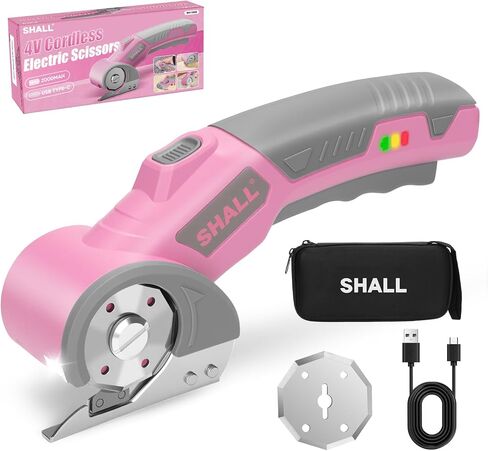 SHALL 4V Cordless Electric Scissors, Rechargeable Cardboard Cutter, Rotary Electric Box Cutter w/Safety Lock, LED Light & Replacement Blade for Fabric, Leather, Carpet, Cardboard & Plastic, Pink/Grey in Kuwait