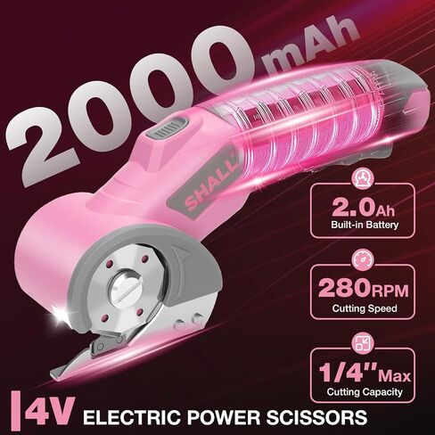 SHALL 4V Cordless Electric Scissors, Rechargeable Cardboard Cutter, Rotary Electric Box Cutter w/Safety Lock, LED Light & Replacement Blade for Fabric, Leather, Carpet, Cardboard & Plastic, Pink/Grey in Kuwait