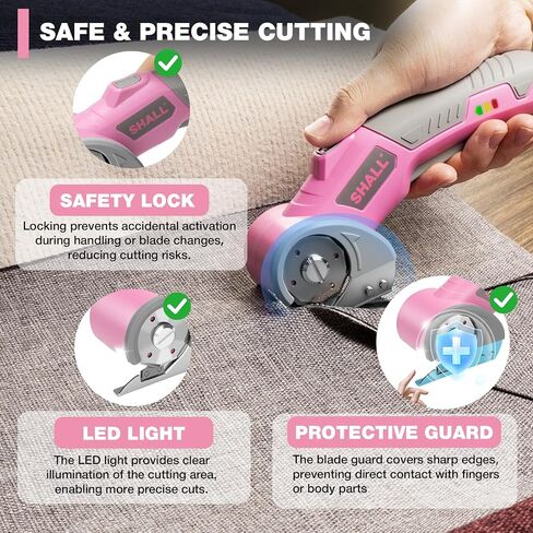 SHALL 4V Cordless Electric Scissors, Rechargeable Cardboard Cutter, Rotary Electric Box Cutter w/Safety Lock, LED Light & Replacement Blade for Fabric, Leather, Carpet, Cardboard & Plastic, Pink/Grey in Kuwait