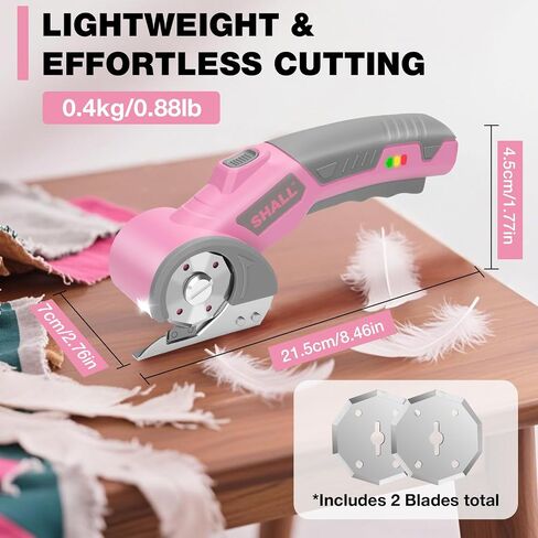 SHALL 4V Cordless Electric Scissors, Rechargeable Cardboard Cutter, Rotary Electric Box Cutter w/Safety Lock, LED Light & Replacement Blade for Fabric, Leather, Carpet, Cardboard & Plastic, Pink/Grey in Kuwait