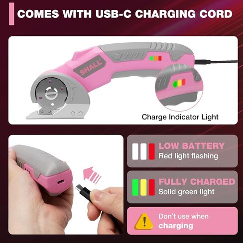 SHALL 4V Cordless Electric Scissors, Rechargeable Cardboard Cutter, Rotary Electric Box Cutter w/Safety Lock, LED Light & Replacement Blade for Fabric, Leather, Carpet, Cardboard & Plastic, Pink/Grey in Kuwait