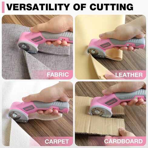 SHALL 4V Cordless Electric Scissors, Rechargeable Cardboard Cutter, Rotary Electric Box Cutter w/Safety Lock, LED Light & Replacement Blade for Fabric, Leather, Carpet, Cardboard & Plastic, Pink/Grey in Kuwait