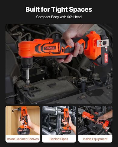 VEVOR Right Angle Drill, 3/8 Inch Chuck, 90 Degree Cordless Right Angle Drill with Brushless Motor, Battery, Charger, and Belt Clip, Adjustable Speed, for Fastening and Loosening in Tight Spaces in Saudi Arabia