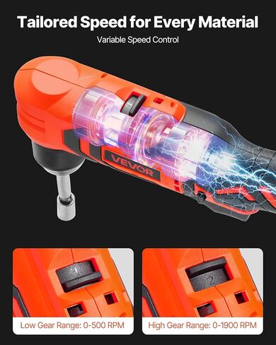 VEVOR Right Angle Drill, 3/8 Inch Chuck, 90 Degree Cordless Right Angle Drill with Brushless Motor, Battery, Charger, and Belt Clip, Adjustable Speed, for Fastening and Loosening in Tight Spaces in Saudi Arabia
