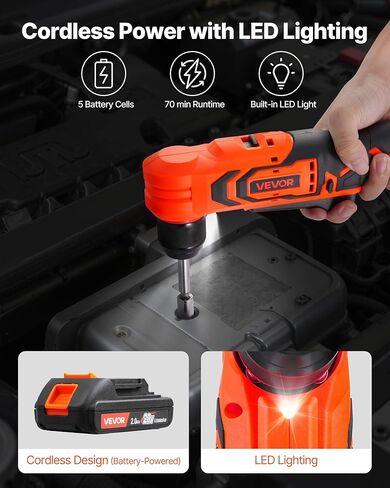 VEVOR Right Angle Drill, 3/8 Inch Chuck, 90 Degree Cordless Right Angle Drill with Brushless Motor, Battery, Charger, and Belt Clip, Adjustable Speed, for Fastening and Loosening in Tight Spaces in Saudi Arabia