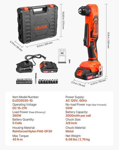 VEVOR Right Angle Drill, 3/8 Inch Chuck, 90 Degree Cordless Right Angle Drill with Brushless Motor, Battery, Charger, and Belt Clip, Adjustable Speed, for Fastening and Loosening in Tight Spaces in Saudi Arabia