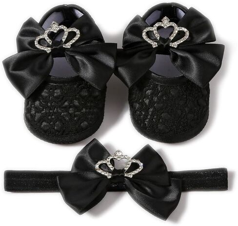Newbron Baby Girls Mary Jane Shoes with Headband Soft Sole Anti-skidding Crown Bowknot Lace Princess Flats Infant Shower Wedding Dress Crib Shoes in Saudi Arabia