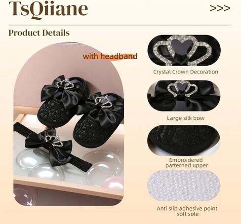 Newbron Baby Girls Mary Jane Shoes with Headband Soft Sole Anti-skidding Crown Bowknot Lace Princess Flats Infant Shower Wedding Dress Crib Shoes in Saudi Arabia