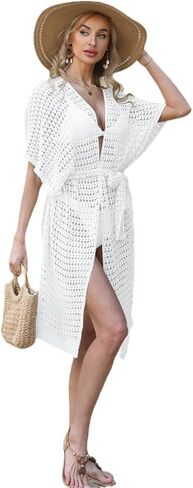 White Crochet Beach Cover Up, Cotton Blend Midi Dress, V-Neck Swimsuit Coverup with Side Slit and Waist Tie in Kuwait
