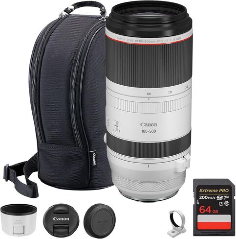 Canon RF 100-500mm f/4.5-7.1l هي عدسة USM-عدسة تكبير تليفونيل كاملة مع تثبيت الصورة وضبط السيارات السريعة للحياة البرية (4112C002) + بطاقة ذاكرة 64 جيجابايت in Saudi Arabia