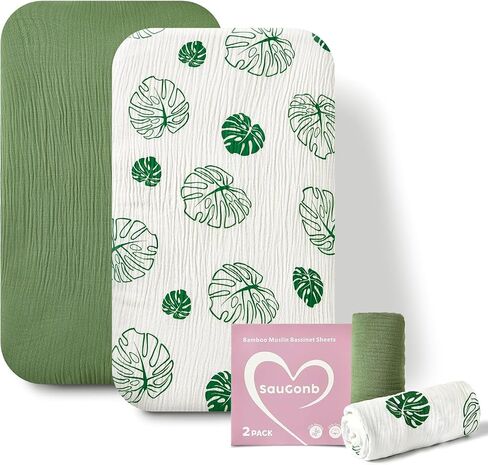Muslin Crib Sheets for Boy and Girl - Viscose Derived from Bamboo Bedside Sleeper Bassinet Sheets Rectangle, Universal Fit for 33" x 17" Hourglass, Oval & Rectangle Baby Mattresses in Saudi Arabia