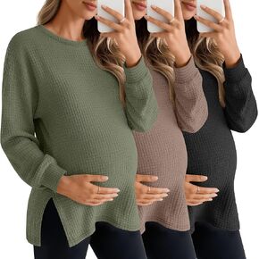 3 حزمة قمصان الأمومة النسائية الأكمام طويلة الأكمام الوافرة متماسكة تقسيم قمم حرارية للملابس الحمل الخريف المحملات in Kuwait
