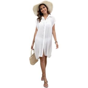 Beach Cover Up Dress, White Sheer Button Down Shirt Dress, Sleeveless Swimsuit Cover Up with Collar in Kuwait
