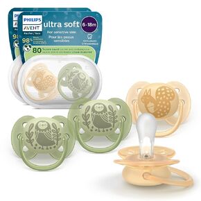 Philips Avent Ultra Soft Packifiers-تصميم تقويم الأسنان ، للأطفال من 6 إلى 18 شهرًا ، درع مرن ، حلمة متماثلة من السيليكون ، خالية من BPA ، 2 حالة تعقيم ، 4 حزمة ، SCF091/51 in Kuwait