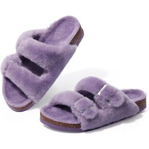 KIDMI Fuzzy Slippers Women with Cork Footbed Fluffy Slides Open Toe Indoor House Shoes | Arch Support | Adjustable Buckles in Kuwait