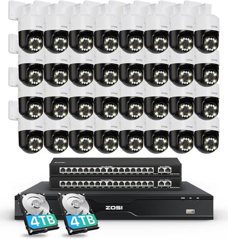 Zosi 32Ch 4K Poe Camera Camera System ، 32pcs 8mp Pan/Tilt Outdoor IP Cameras ، تتبع الإنسان التلقائي ، الكشف عن الشخص/المركبات ، الرؤية الليلية الملونة ، الصوت ثنائي الاتجاه ، 32Ch NVR مع 8TB HDD لمدة 24/7 التسجيل in Saudi Arabia