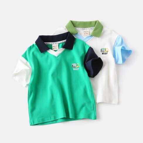 Toddler Baby Boys Short Sleeve Lapel V Neck T-Shirt Color Block Polo Shirt Summer Cotton Soft Top in Saudi Arabia