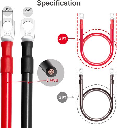 MILAPEAK 2 AWG Battery Cables, 5 Feet 2 Gauge Marine Battery Inverter Cable Set With 3/8" Terminals Lugs (Positive and Negative) for Solar, Rv, Car, Boat, Motorcycle, Automotive (Black and Red) in Saudi Arabia