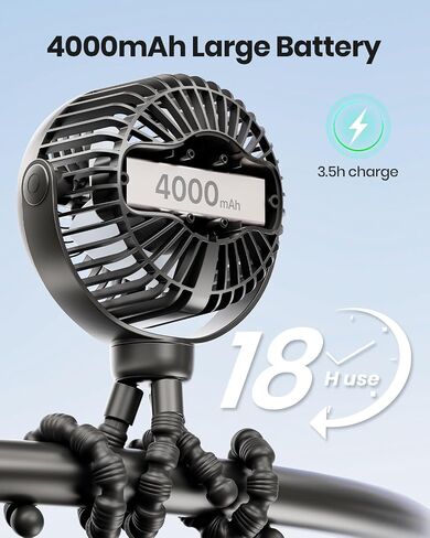 Stroller Fan, 4000mAh Portable Battery Operated Smal Clip on Fan, 4 Speed Rechargeable Mini Personal Cooling, Travel for Baby Car Seat Crib(Black) in Saudi Arabia