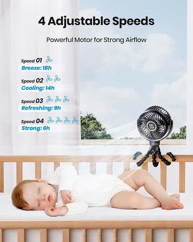 Stroller Fan, 4000mAh Portable Battery Operated Smal Clip on Fan, 4 Speed Rechargeable Mini Personal Cooling, Travel for Baby Car Seat Crib(Black) in Saudi Arabia
