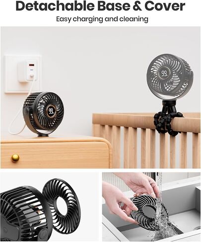 Stroller Fan, 4000mAh Portable Battery Operated Smal Clip on Fan, 4 Speed Rechargeable Mini Personal Cooling, Travel for Baby Car Seat Crib(Black) in Saudi Arabia